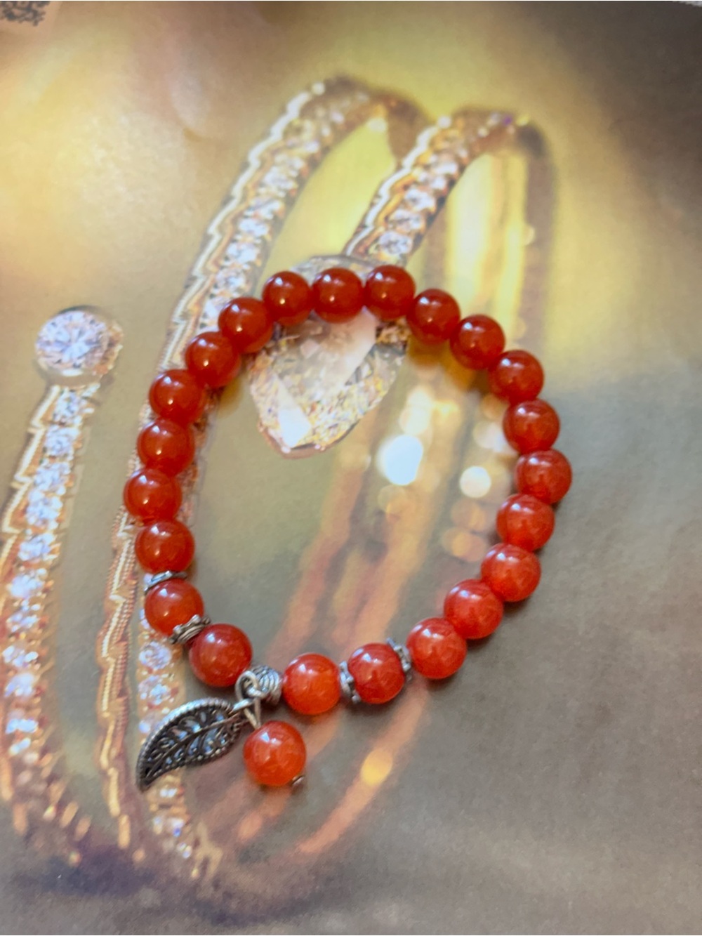 Natural Red Agate Beaded Bracelet | Antique Silver Leaf Charm Women Bracelet